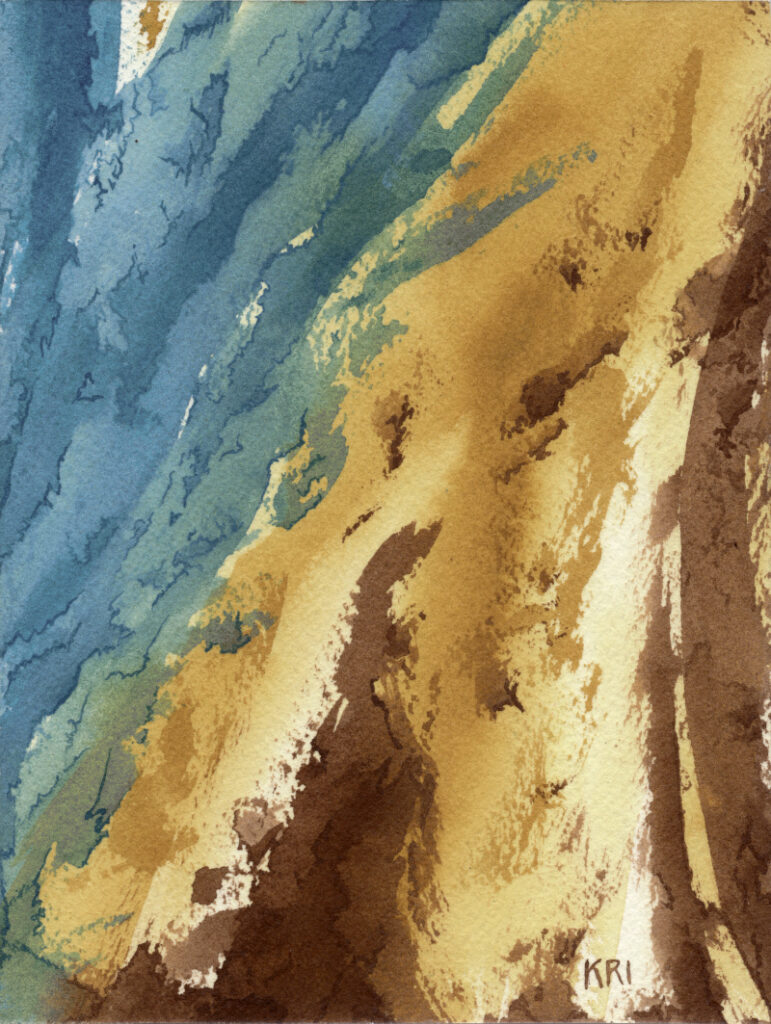 Watercolor painting with organic, flowing textures in earthy blue, brown, and yellow.