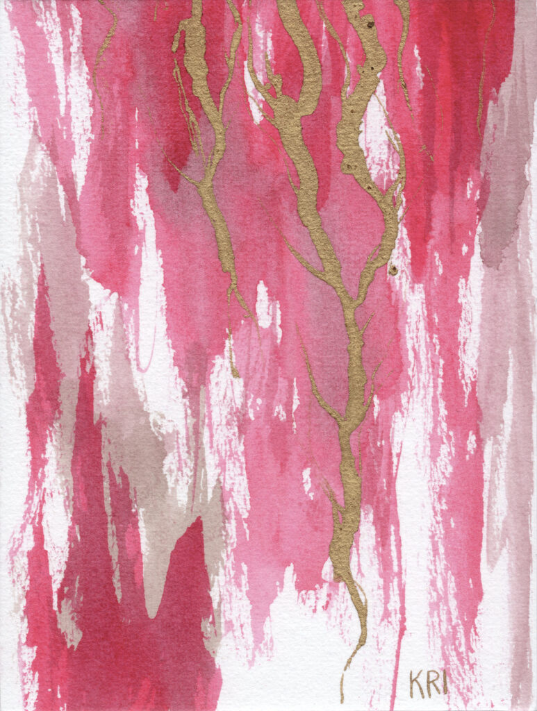 Watercolor painting in red and brown rough shapes layered over eachother with lightning streaks of gold.