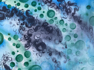 Abstract watercolor painting with greens, blues and black depicting circular shapes and squiggly marks.