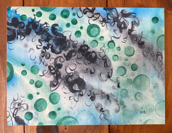 Abstract watercolor painting hanging on a wall with greens, blues and black depicting circular shapes and squiggly marks.