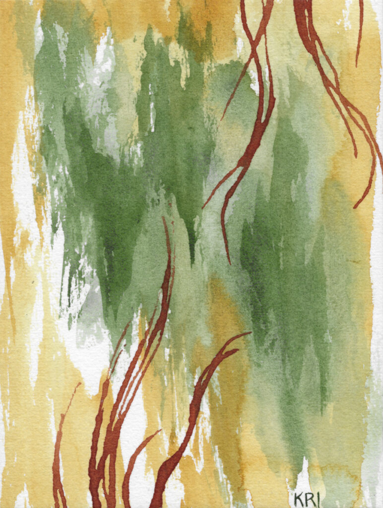 Watercolor and acrylic ink, painting with a textured, earthy, yellow and green background and reddish brown vine-like lines encroaching from the top and the bottom.