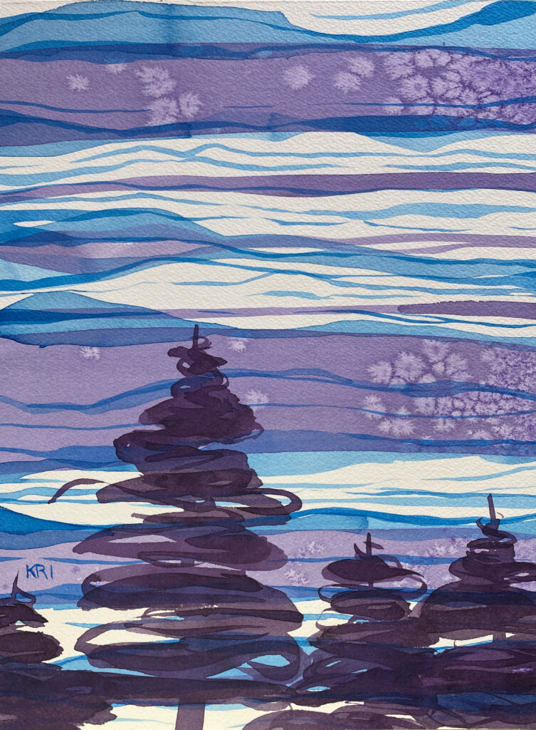 Watercolor painting with organic, horizontal stripes in blue and purple, overlaid with abstract brush strokes of deep purple evergreen trees.