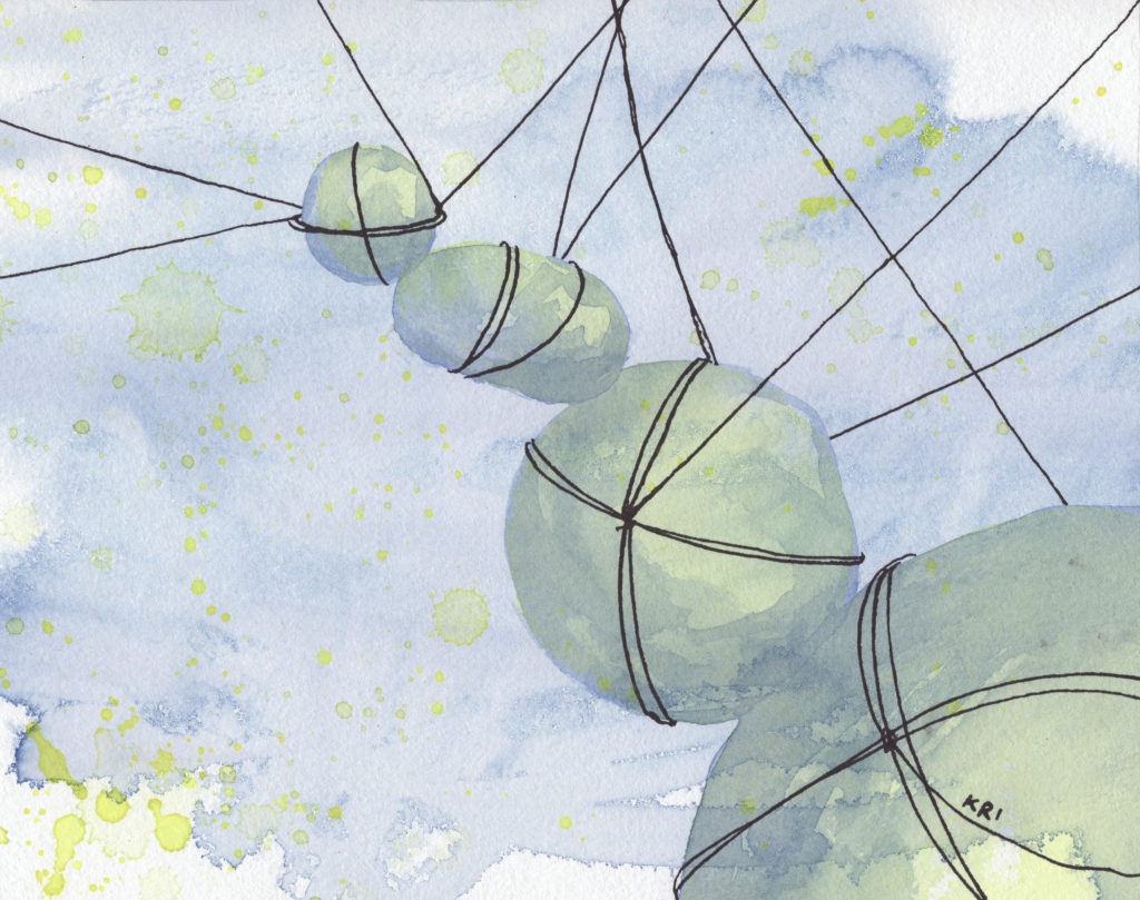 Watercolor abstract painting with greens and blues depicting rock-like shapes suspended by and attached to string.